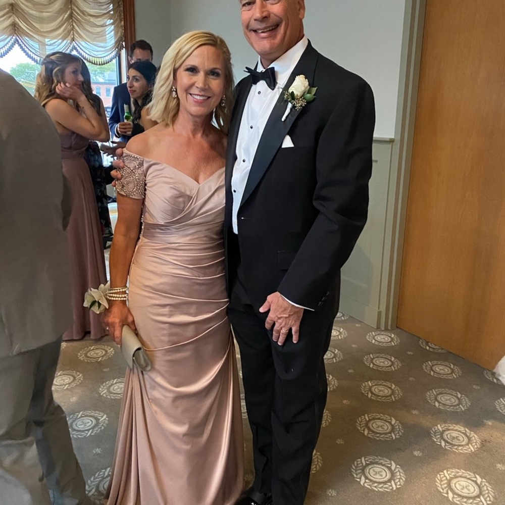 La Femme Off the Shoulder Beaded Satin Trumpet Gown